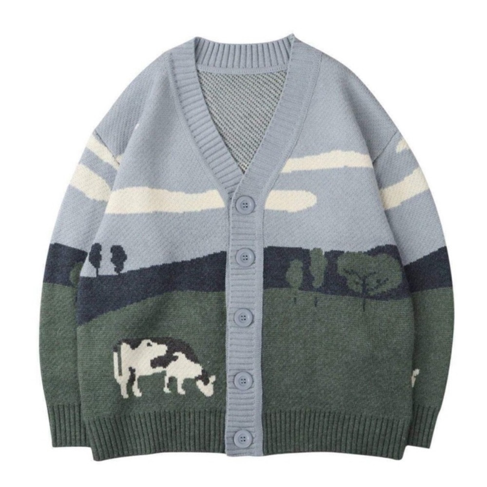 Aelfric Eden Cow Cardigan Sweater size M small imperfection shown in photo